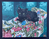 Depicted in a crosshatching style is a black cat sitting on a white bench that has ornate decorations in the fabric. Behind the bench and cat is a teal background. Around this painting is a black border.