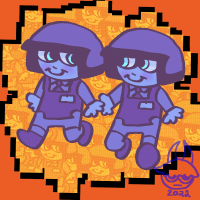 On an orange background there are two blue figures dressed in security guard outfits looking at each other and holding hands while walking.