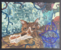 This painting in the center has a cat laying down on a bed, the bedsheet is gold, on the left of the cat is a light blue pillow, on the right is a blue blanket, and behind is a snow man blanket and indistinct plushies. Surrounding the painting are blue and red veins. Around the painting is a black border.