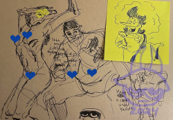 On a brown paper background are two figure drawing sketches, on the bottom center of the page is the head of Benrey peaking out of the page. Then on the bottom right is a body sketch of a suit. On the top right is a sticky note that contains a drawing of a young interpretation of Spamton G. Spamton.