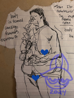 Pasted on top of brown paper, on white school-ruled paper is a figure drawing sketch of a women smelling flowers