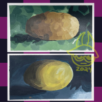 There are two egg paintings, both in different artstyles, the top painting has green background and uses crosshatching while the bottom has a dark blue background and uses wet brushstrokes as its defining trait. Around this painting is a black and magenta checker border.