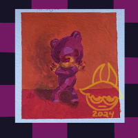 This is a mini painting of Gloomy Bear using only red, yellow, and orange! It is in front of an orange and red background. Around this painting is a black and magenta checkerboard border.