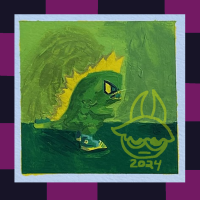 This is a mini painting of Tokidoki Kaiju using only green and yellow! It is in front of a green background. Around this painting is a black and magenta checkerboard border.