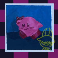 This is a mini painting of Kirby holding a bindle using only red! He is in front of a blue background. Around this painting is a black and magenta checkerboard border.