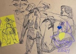 On a brown paper background there are several figure drawing sketches, on the left side of paper there is a drawing of a face and a sticky note with a cyborg character on it.