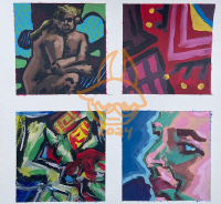 There are four small paintings in front of a white background. On the top left there is a naked fat man crouched in front of blue and green shapes. Top right has a red background and uses different hues of red to make parts of a human face with shapes. Yellow and blue are used to make the eyeball of a human. Bottom left utilizes an abstract style to show a human in pain and bleeding, it has the colors of blue, black, white, red, yellow, and green. The bottom right image is a zoomed in portrait of a women with a blue background.