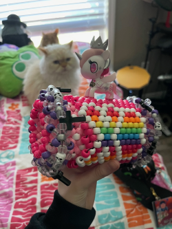 The main focus is of the rotator cuff, it is a combination of pinks, white, clear colors, silver, and purple. On the end of each side are crowns that have skulls and crosses on it. In the middle there is a design that has a rainbow heart with two bones that make an X under it, there is the tokidoki Lolopessa figure glued onto it. In the background there are two cats on a bed, along with stuff animals. There is a electronic drum kit and a window.