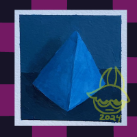 Painted is a blue three-dimensional triangle against a blue background. Around this painting is a black and magenta checkerboard border.