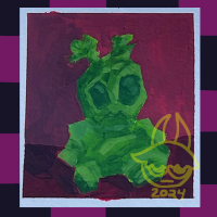 This is a mini painting of Ross the alien made by Palm Pals using only green! He is in front of a red background. Around this painting is a black and magenta checkerboard border.