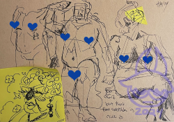 On a brown paper background there are several figure drawing sketches on the bottom left side of the paper, there is a yellow sticky note with a sketch of muppet character Penny Waxman