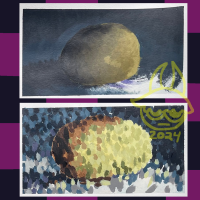 There are two egg paintings, both in different artstyles, the top painting consists of a dry, scratchy artstyle, the background is a dark blue. The bottom painting uses pointalism and has a dark blue background as well. Around this painting is a black and magenta checker border.