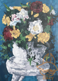 With crosshatching shading there is a white vase that contains red, yellow, and white flowers and green foliage. The vase sits atop a white stool against a blue background.