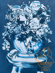 With various shades of blue there is a sketch of a vase with flowers and various foliage sitting atop a stool, there is a blue background behind the vase. 