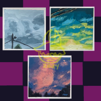 These are three mini paintings of clouds. On the on left, it uses a mostly grey color palette for its sky and clouds with a green tree on the bottom, there is a telephone pole that takes up the bottom. The top left painting uses the colors blue, green, yellow, and white to depict a sunset. At the top of this painting is a utility pole wire. The bottom center painting uses pink, purple, salmon, and black to depict another sunset but, this time at the bottom of this painting are the dark tops of trees. Around this painting is a black and magenta checkerboard border.