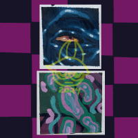 Atop a black and magenta checkerboard pattern are two images, on the top is a small painting of a yellow and orange eye with a dark blue skin surrounding it. The bottom painting are pink and teal abstract images in front of a dark teal and pink background.